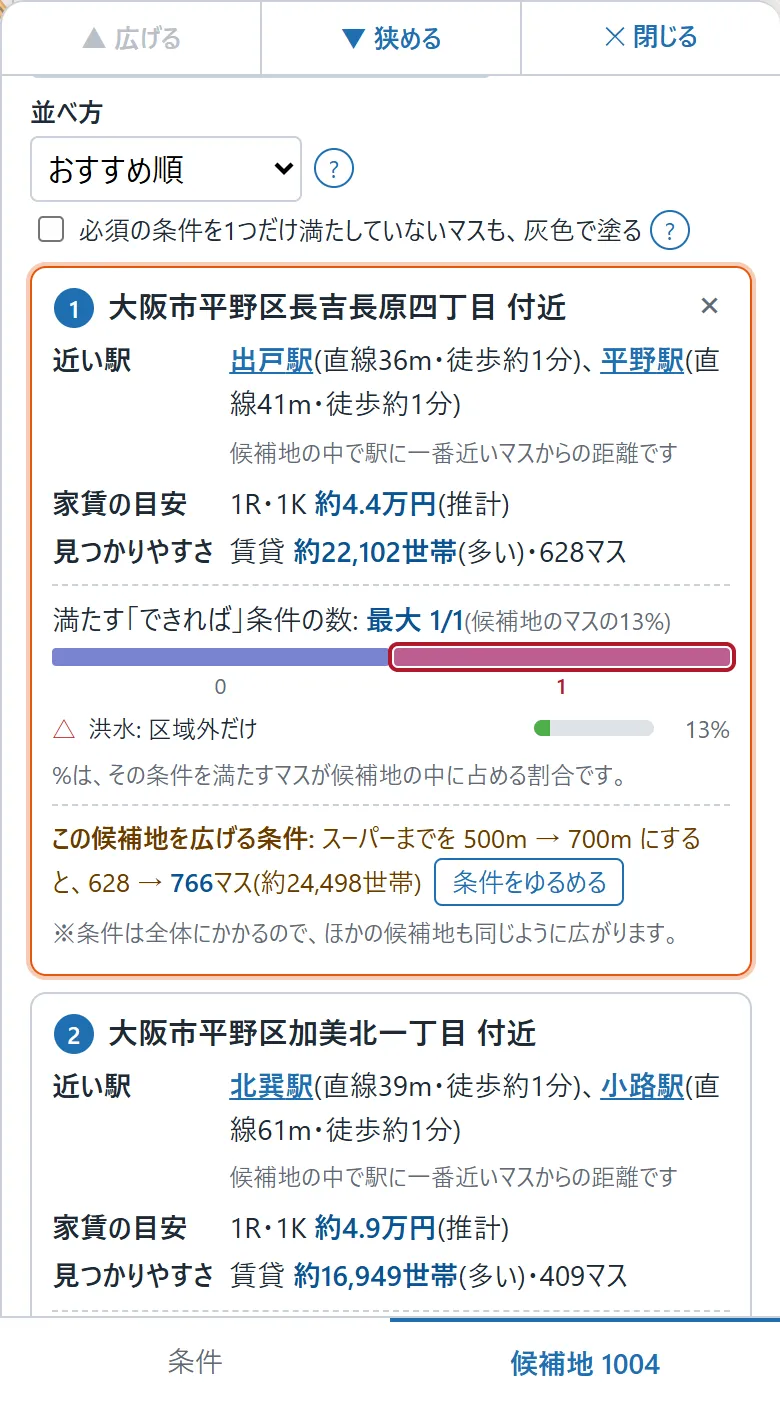 「候補地」の板を広げたところ(並べ方・一覧表)